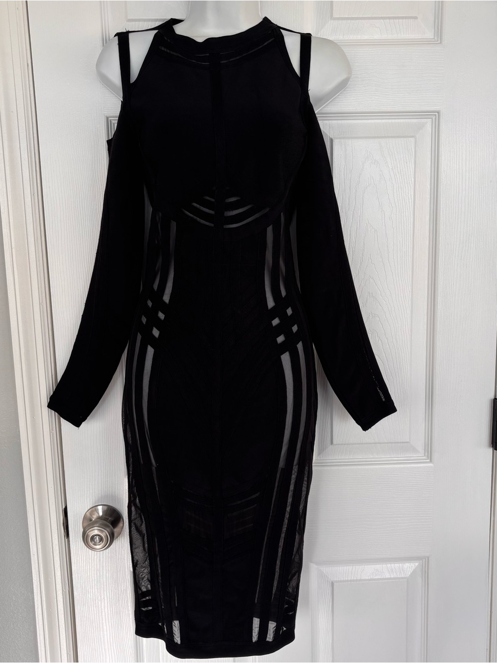 House of CB Black Cold-Shoulder Mesh-Panel Midi Dress